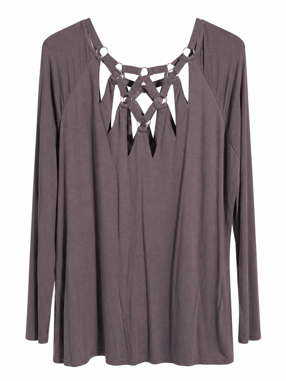 Long Sleeve Lattice Front Women's Top - Taupe